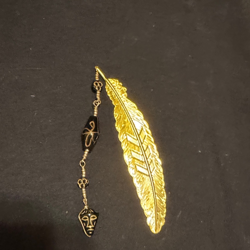 Gold Feather Bookmark with Black Beads